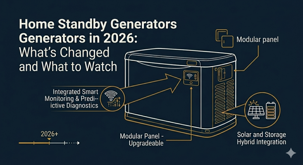 Borderless vector infographic of a home standby generator in 2026, featuring text call-outs for integrated diagnostics, modular panels, and solar integration on a continuous deep navy field.