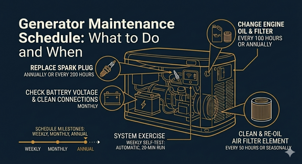 An infographic detailing a generator maintenance schedule, including specific service tasks, intervals, and a timeline of weekly to annual milestones.