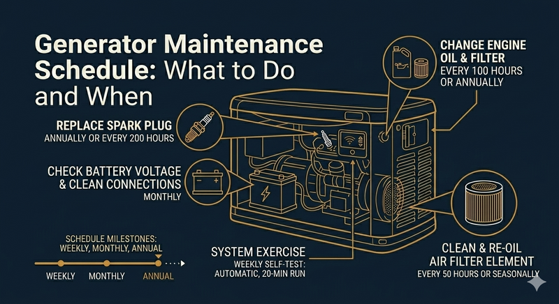 An infographic detailing a generator maintenance schedule, including specific service tasks, intervals, and a timeline of weekly to annual milestones.