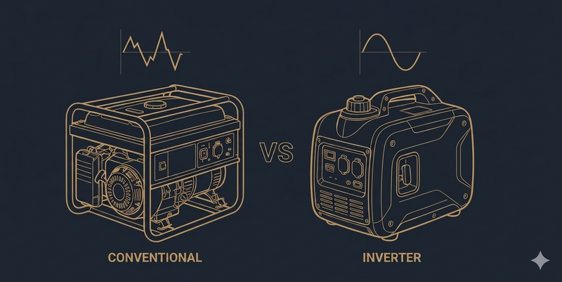 Technical infographic comparing conventional vs inverter generator power quality, showing erratic waveform versus clean pure sine wave output.