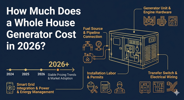 An infographic breaking down whole-house generator costs for 2026, illustrating key factors like hardware, fuel connection, installation labor, and electrical systems, with a timeline showing stable pricing.